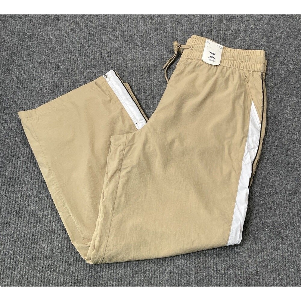 Xersion Women Size XL Woven High Rise Straight Open Leg Track Pant Tan White NEW